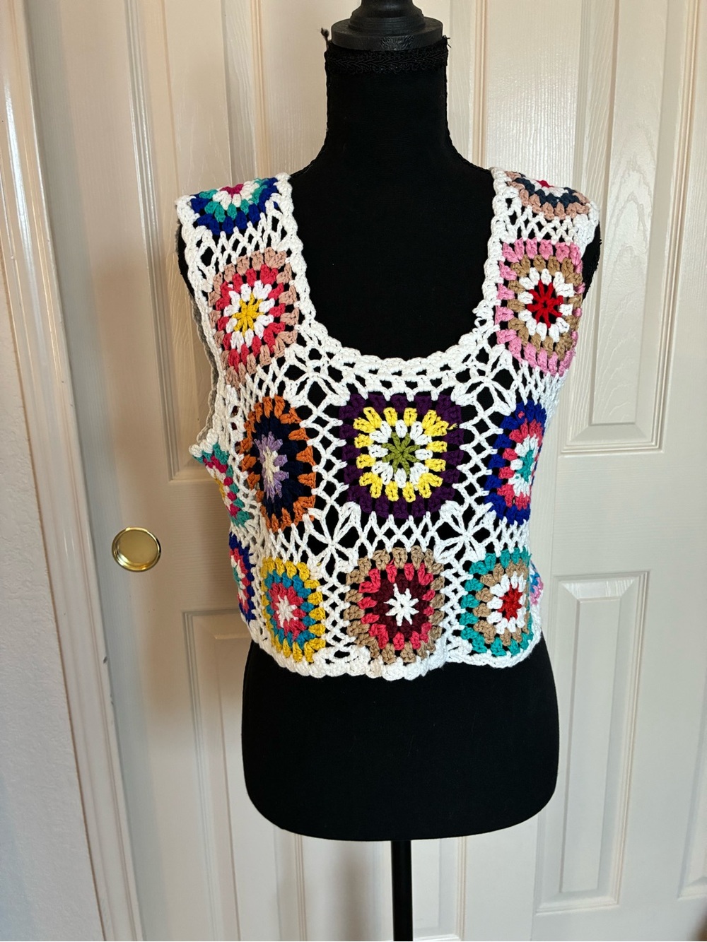 Crochet Square-Panel Tank Top in White with Multicolor Accents